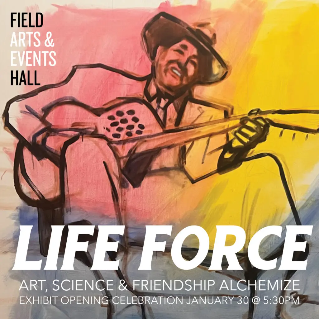 Colorful painting of blues musician John Jackson painted by local artist Tracy Grisman, with the title Life Force and January 30th exhibit opening date.