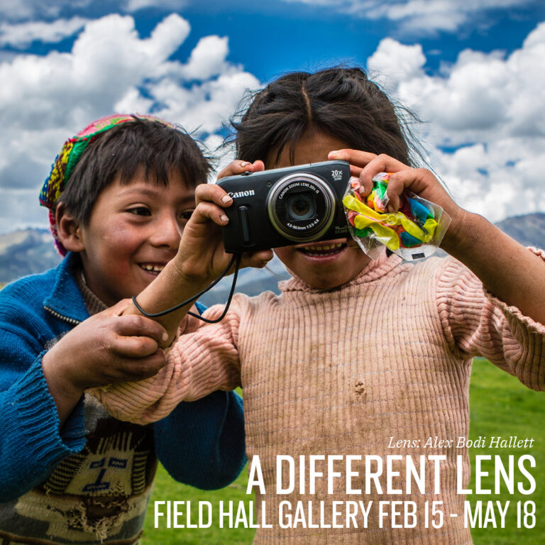 Photo of two children, one holding a camera, advertising the Field Hall Gallery A Different Lens exhibit